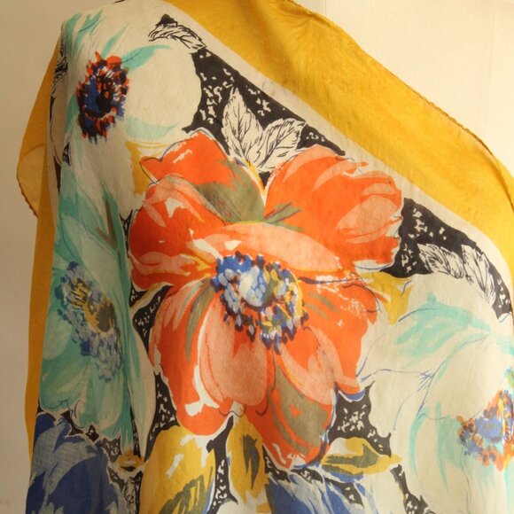 Vintage 1940s 1950s Silk Scarf, Square Floral Print Headscarf, Blue Teal Gold an - Picture 3 of 10